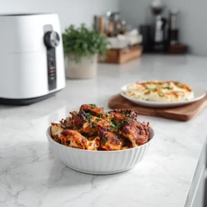 Air Fryer Mains displayed in a modern white kitchen on a marble countertop