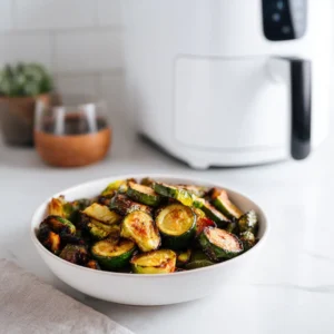 Crispy air fryer side dishes on white plates in a minimalist kitchen with marble countertop