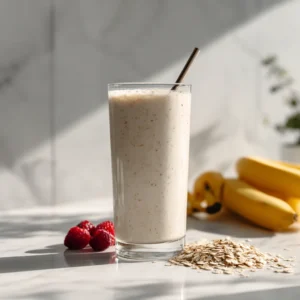 Refreshing family smoothie in a clear glass on a marble counter with soft white lighting