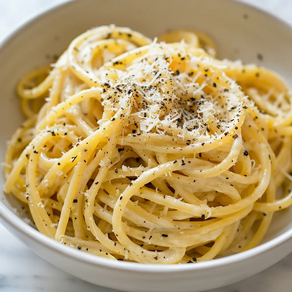 Finished Air Fryer Cacio e Pepe Pasta ready to serve for family dinner at home