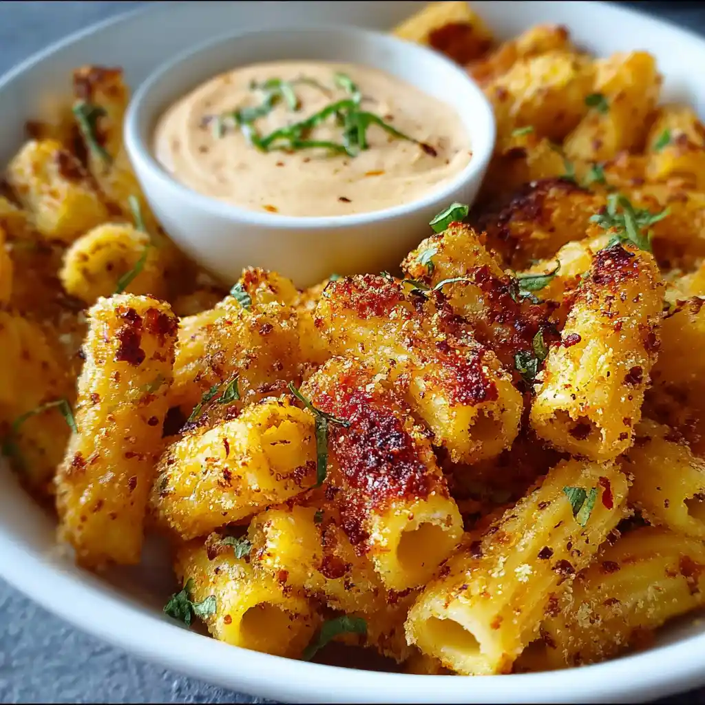 golden crispy air fryer pasta chips with parmesan and herbs served with creamy dipping sauce