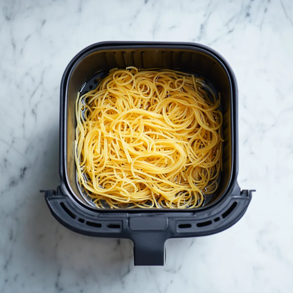 Raw spaghetti cooking in air fryer basket with water for making Air Fryer Cacio e Pepe Pasta