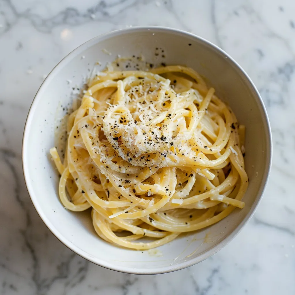 Air Fryer Cacio e Pepe Pasta served in a white bowl with freshly cracked black pepper and Pecorino Romano