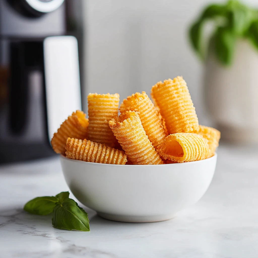 crispy air fryer pasta chips in white bowl on marble kitchen counter