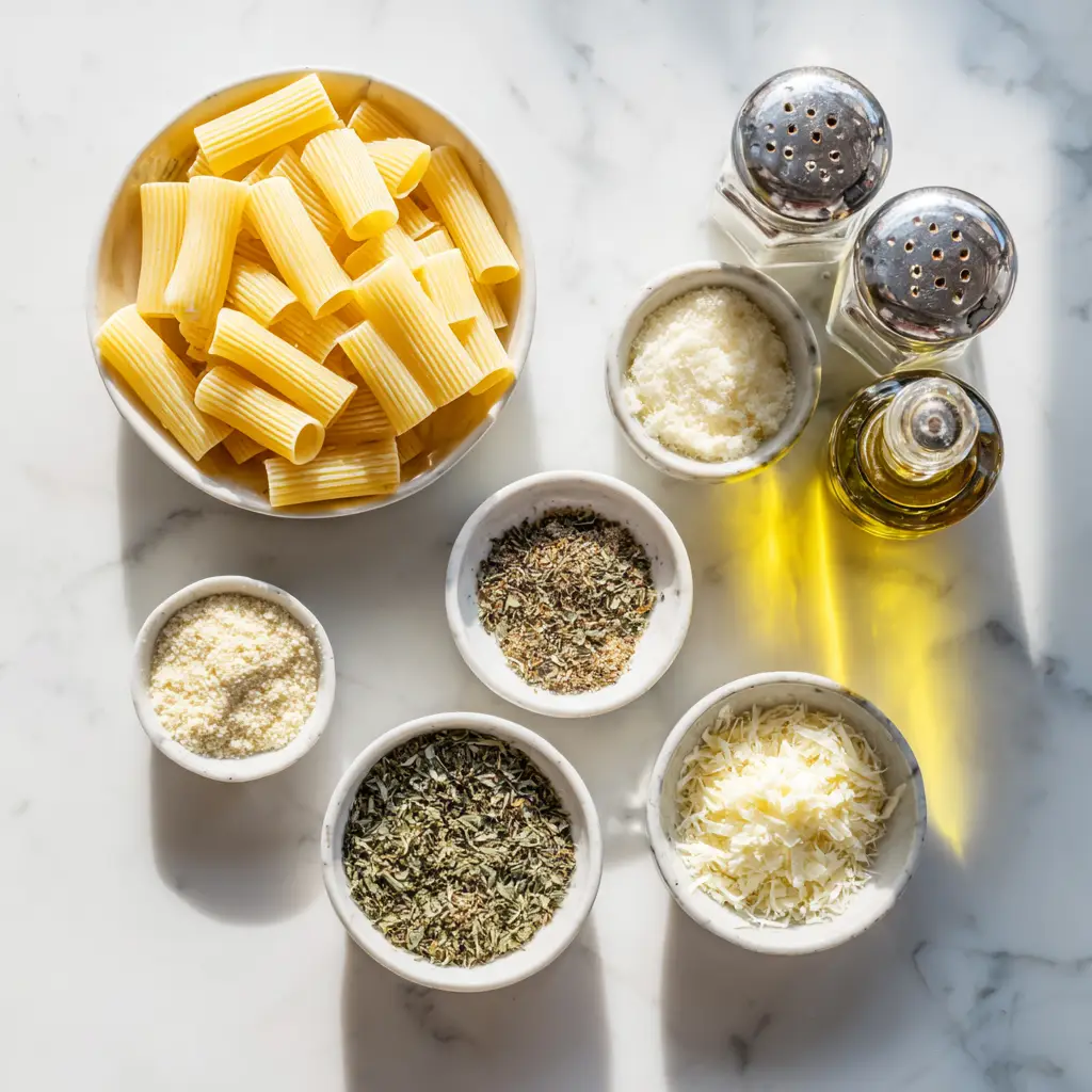 ingredients for air fryer pasta chips parmesan herbs spices on marble