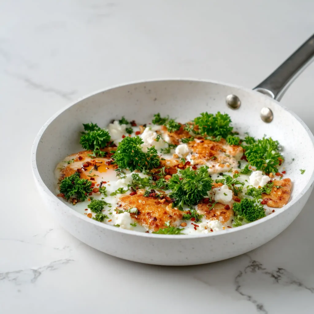 One pot chicken and vegetable dinner served in a modern white bowl on a bright marble countertop