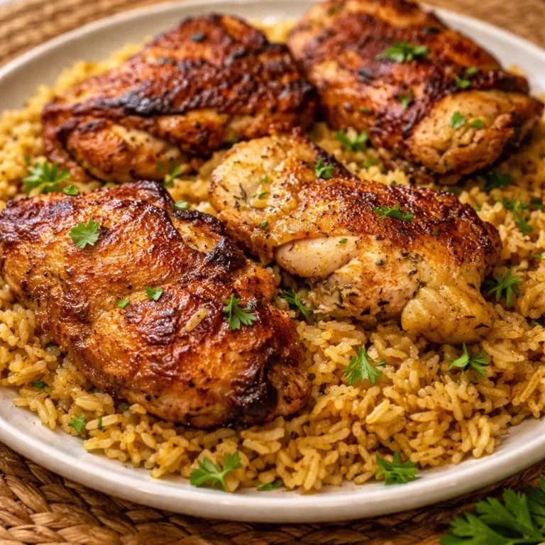 Delicious one pot chicken meal with rice, spices, and fresh vegetables cooked in one pan.