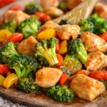 Colorful vegetable stir fry with chicken and sauce in a skillet