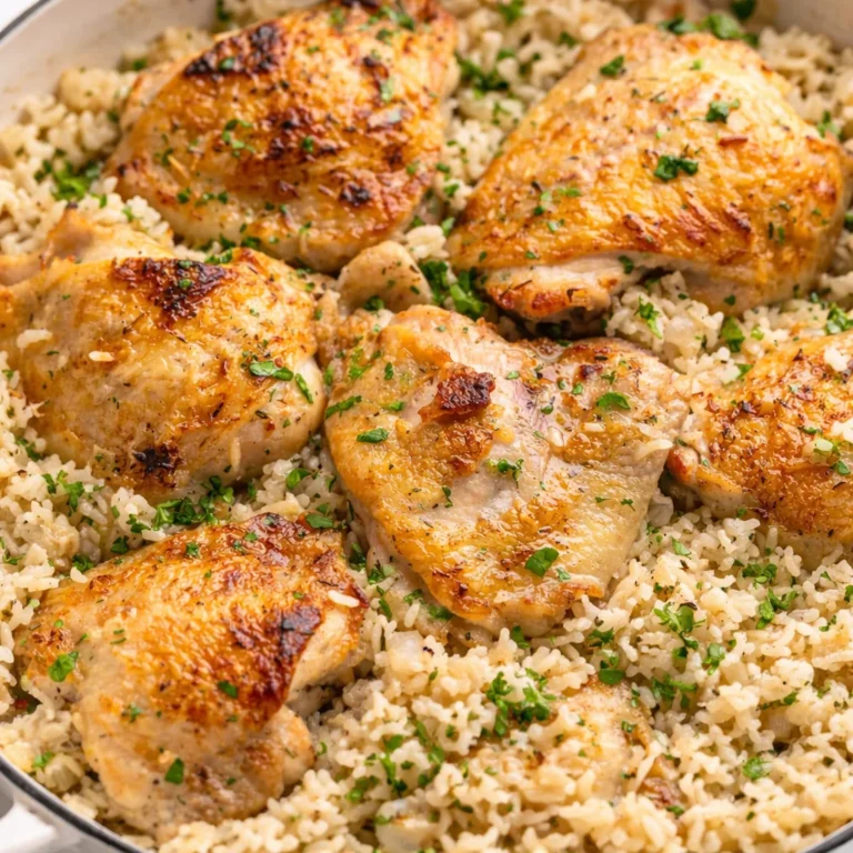 One pan chicken dinner featuring crispy chicken with roasted vegetables and garlic.