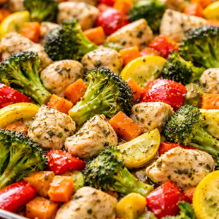 One pan chicken with an assortment of colorful vegetables roasted for a delicious meal.