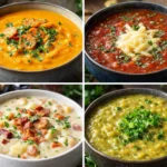 Variety of nutritious prep ahead soups ready for freezing and easy meal prep.