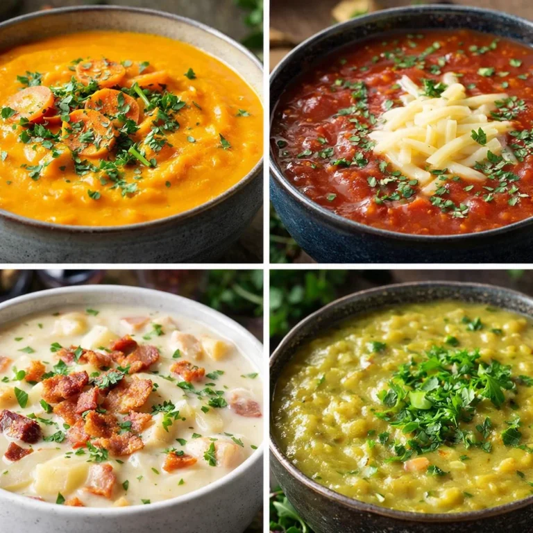Variety of nutritious prep ahead soups ready for freezing and easy meal prep.