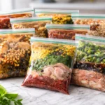 A variety of healthy make ahead freezer meals ready to be stored and cooked later.