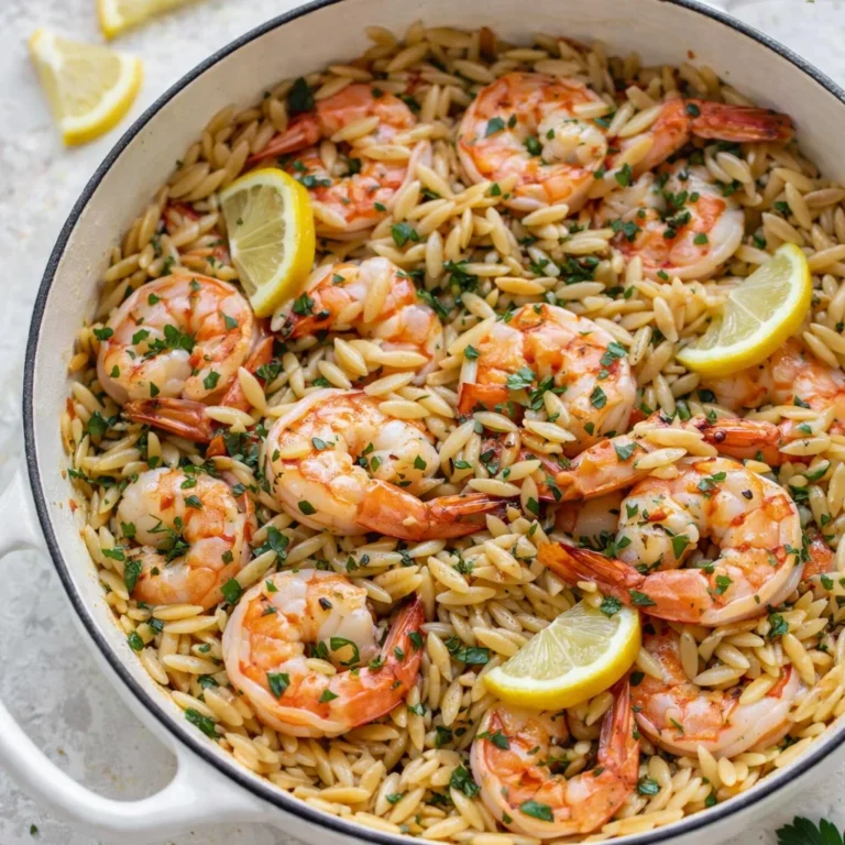 A delicious one pot shrimp dish featuring garlic butter shrimp and orzo, colorful veggies, and creamy sauce.