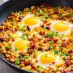 Delicious one pan breakfast with bacon, eggs, and potatoes in a skillet.
