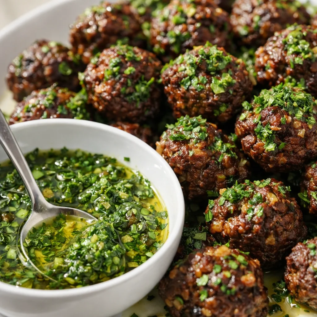 Crispy sheet pan meatballs with vegetables and flavorful sauces ready to serve.