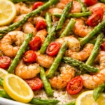 Easy sheet pan shrimp recipe with garlic, veggies, and roasted to perfection