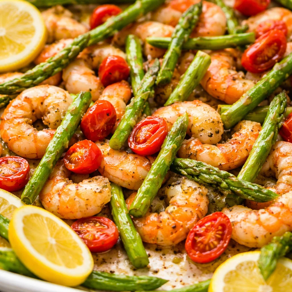 Easy sheet pan shrimp recipe with garlic, veggies, and roasted to perfection