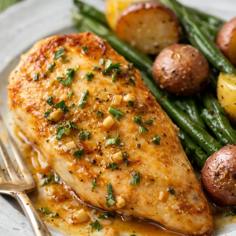 Delicious skillet chicken recipe with garlic herb butter sauce in a frying pan.