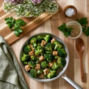Quick chicken and broccoli stir fry in skillet with sesame seeds, ready in 30 minutes