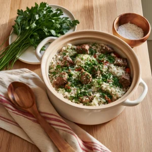 Hearty beef and rice one pot dinner in ceramic Dutch oven with fresh parsley