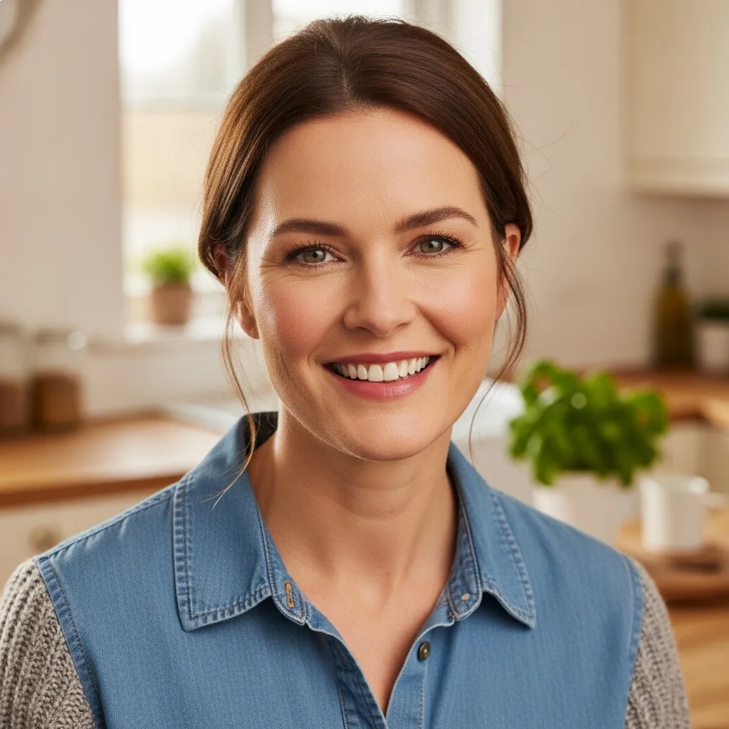 Clara Harris in her kitchen with fresh vegetables from her home garden