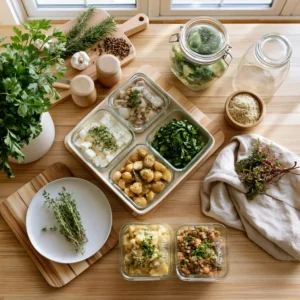 Freezer meal prep casserole with organized labeled glass containers and fresh herbs