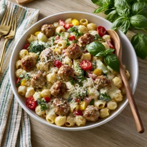 Cheesy one pot pasta with turkey meatballs, colorful and kid-friendly