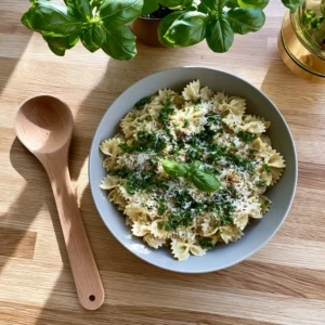 Creamy one pot pasta with fresh basil and parmesan, wooden spoon on side