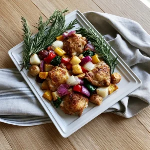 Sheet pan roasted chicken thighs with colorful vegetables and fresh rosemary