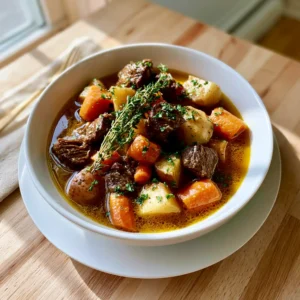 Slow cooker beef stew with carrots and potatoes in white ceramic bowl, rich golden broth