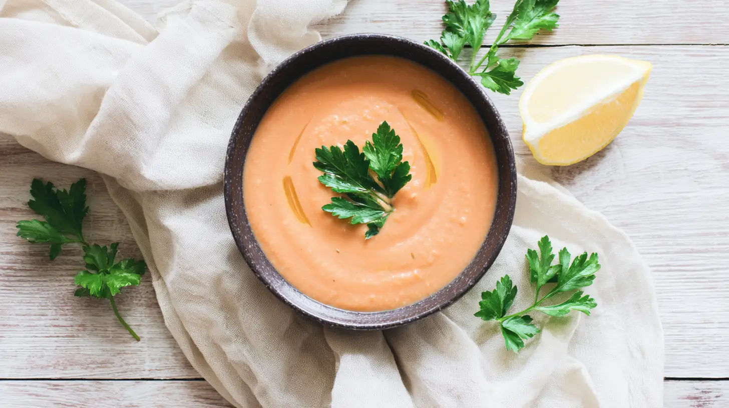 Creamy red lentil soup in a rustic ceramic bowl garnished with fresh parsley and lemon wedge on a light wood table