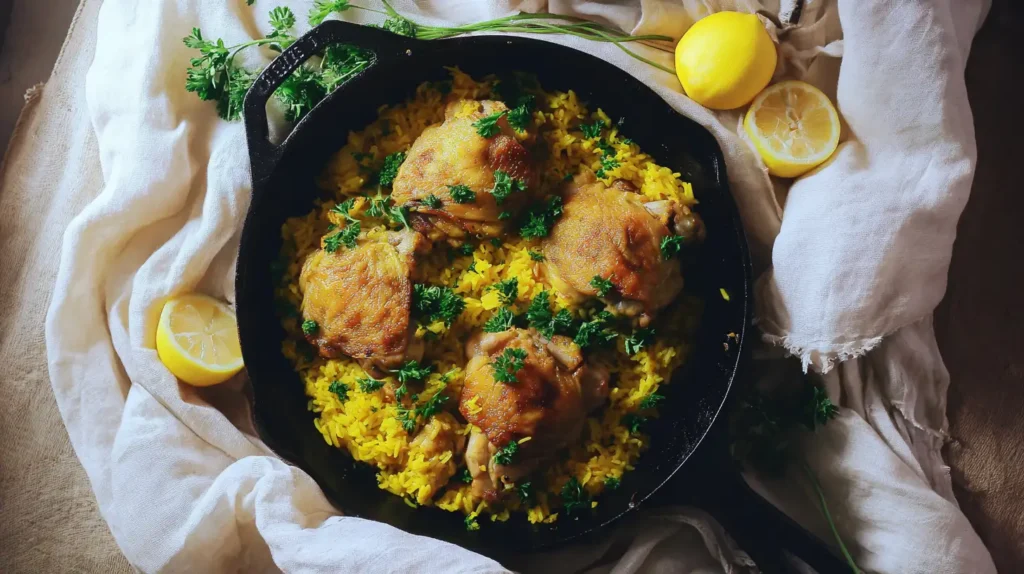One pot chicken thighs and turmeric rice in a cast iron skillet with fresh parsley and lemon wedges on a wooden table