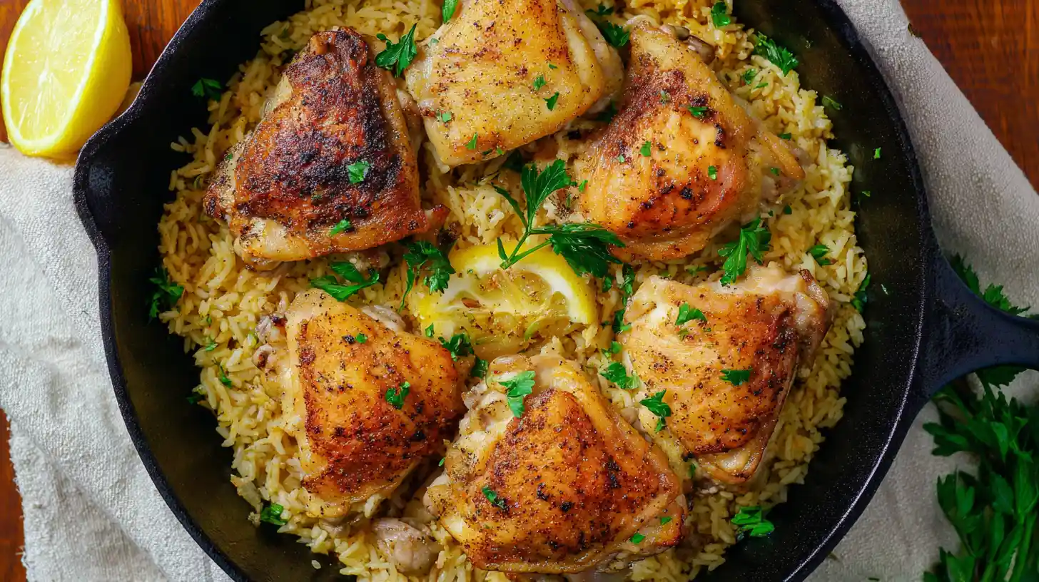 Close up of juicy golden chicken thighs on seasoned rice with fresh parsley in a cast iron skillet