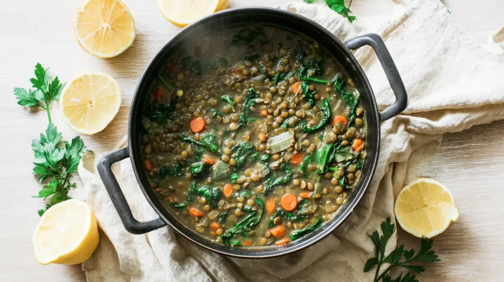 Hearty one pot lentil soup with spinach and carrots simmering in a black cast iron pot with lemon wedges and fresh parsley