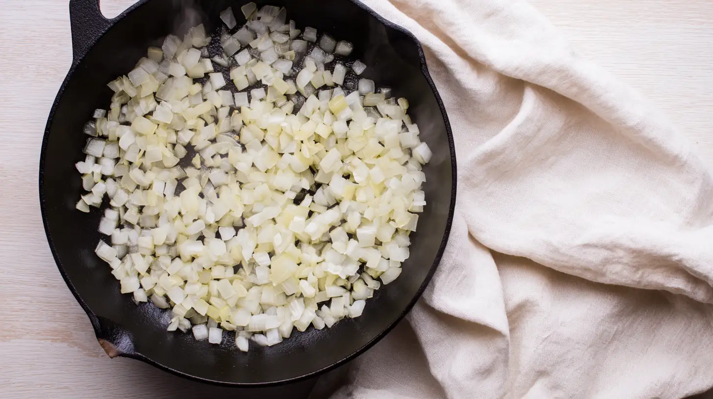 Diced onions softening in a black cast iron skillet on a light wood table with cream linen cloth beside