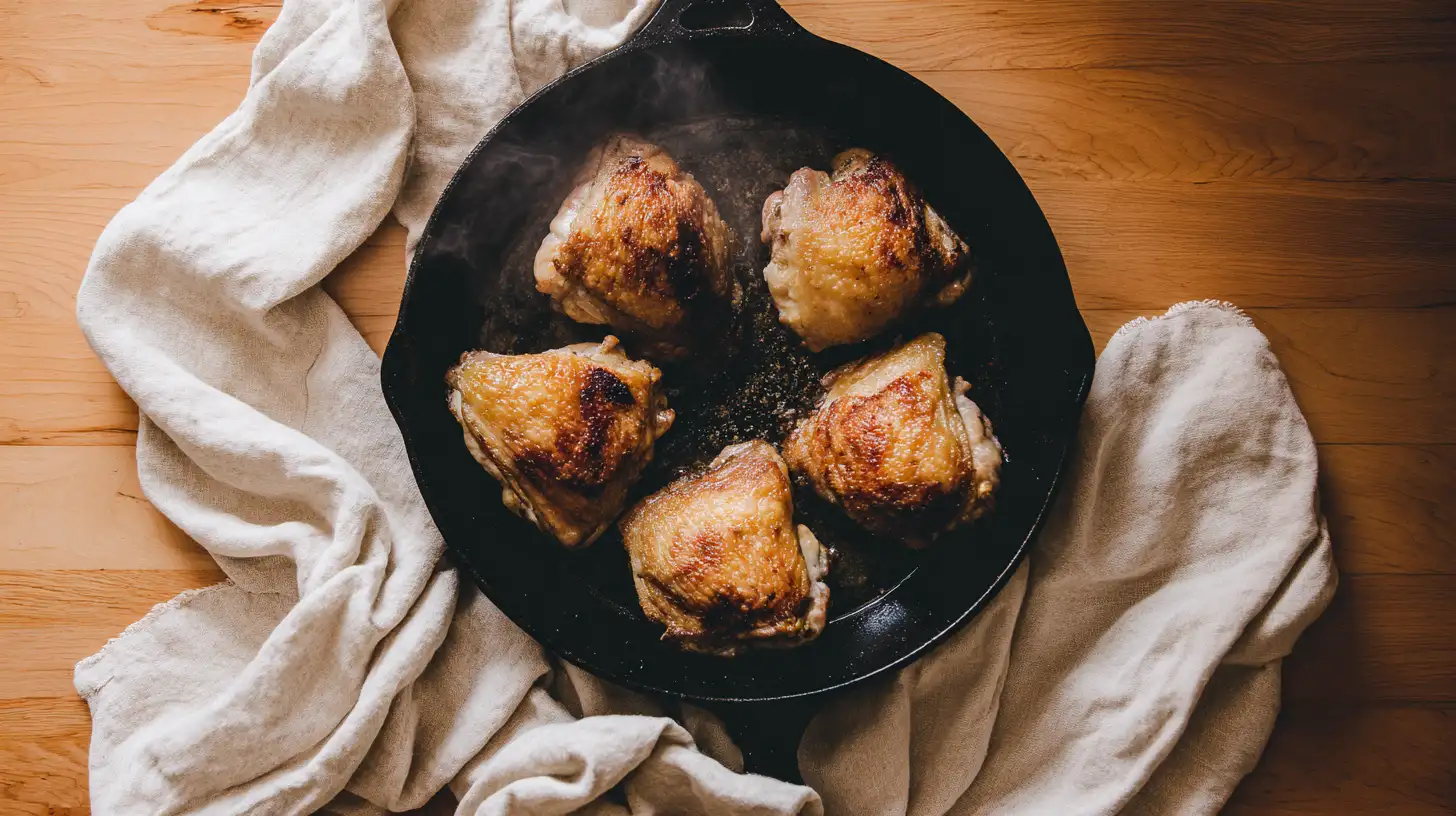 Four chicken thighs searing skin-side up in a black cast iron skillet on white marble