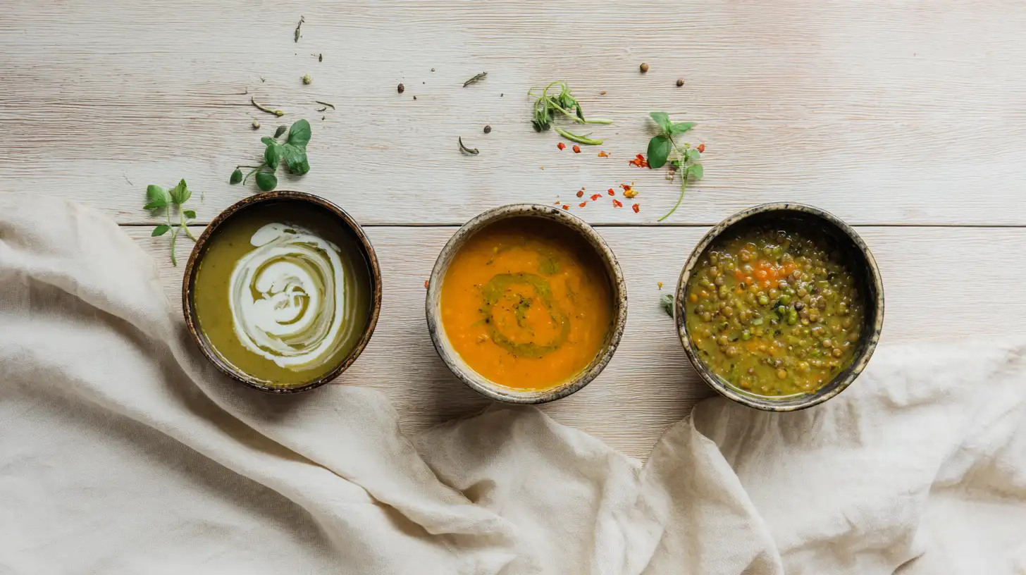 Three rustic ceramic bowls of different lentil soup varieties on a light wood table with cream linen cloth